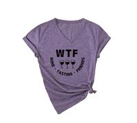Women's Funny Wine Tasting V Neck T Shirt Cute WTF Wine Tasting Friends Graphic tee Short Sleeve Casual Summer Top for Girls Ladies Red Knot Hem