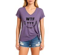 Women's Funny Wine Tasting V Neck T Shirt Cute WTF Wine Tasting Friends Graphic tee Short Sleeve Casual Summer Top for Girls Ladies Red Knot Hem