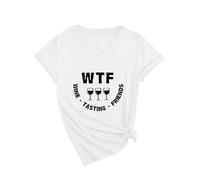 Women's Funny Wine Tasting V Neck T Shirt Cute WTF Wine Tasting Friends Graphic tee Short Sleeve Casual Summer Top for Girls Ladies Red Knot Hem