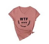 Women's Funny Wine Tasting V Neck T Shirt Cute WTF Wine Tasting Friends Graphic tee Short Sleeve Casual Summer Top for Girls Ladies Red Knot Hem