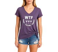 Women's Funny Wine Tasting V Neck T Shirt Cute WTF Wine Tasting Friends Graphic tee Short Sleeve Casual Summer Top for Girls Ladies Red Knot Hem