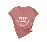 Women's Funny Wine Tasting V Neck T Shirt Cute WTF Wine Tasting Friends Graphic tee Short Sleeve Casual Summer Top for Girls Ladies Red Knot Hem