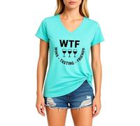 Women's Funny Wine Tasting V Neck T Shirt Cute WTF Wine Tasting Friends Graphic tee Short Sleeve Casual Summer Top for Girls Ladies Red Knot Hem