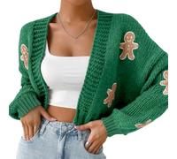 Women's Gingerbread Man Cardigan, Christmas Gingerbread Sweater, Christmas Cartoon Print Drop Shoulder Cardigans (Green,XL)