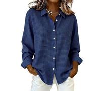 Womens Gingham Button Down Shirt Long Sleeve Collared Casual Blouse (Dark Blue,M)