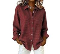 Womens Gingham Button Down Shirt Long Sleeve Collared Casual Blouse (Dark Red,XL)