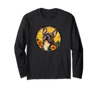Womens Girls Floral Flowers Round Black French Bulldog Lover Manga Larga