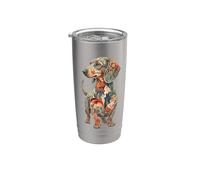 Womens Girls Floral Multicolored Folk Art Dachshund Lover Vaso térmico de acero inoxidable de doble pared