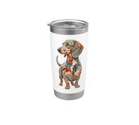 Womens Girls Floral Multicolored Folk Art Dachshund Lover Vaso térmico de acero inoxidable de doble pared