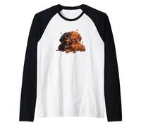 Womens Girls Kids Two 2 Red Black Tan Dachshund Puppy Lover Camiseta Manga Raglan