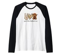Womens Girls Peace Love Heifer Scottish Highland Cow Lover Camiseta Manga Raglan