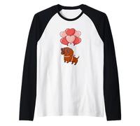 Womens Girls Valentines Day Heart Balloons Mini Dachshund Camiseta Manga Raglan