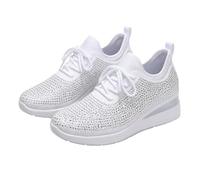 Women's Glittery Trainers Rhinestone Fashion Breathable Wide Fit Wedge Sneakers Athletic Slip On Walking Shoes Breathable Lightweight Sports Casual Sparkly Diamante Sneakers Ladies Platform Shoes