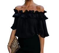 Womens Going out Tops Off Shoulder Ruffle Short Sleeve Solid Color Blouse (Black,XL)