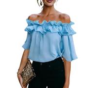 Womens Going out Tops Off Shoulder Ruffle Short Sleeve Solid Color Blouse (Blue,L)