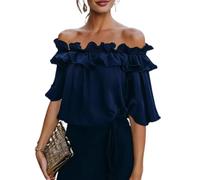 Womens Going out Tops Off Shoulder Ruffle Short Sleeve Solid Color Blouse (Dark Blue,M)