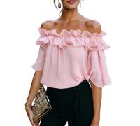 Womens Going out Tops Off Shoulder Ruffle Short Sleeve Solid Color Blouse (Pink,XL)
