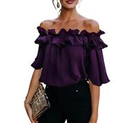 Womens Going out Tops Off Shoulder Ruffle Short Sleeve Solid Color Blouse (Purple,XXL)
