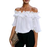 Womens Going out Tops Off Shoulder Ruffle Short Sleeve Solid Color Blouse (White,S)