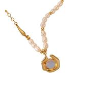 Womens Gold Cute Necklaces for Women Vintage Moonstone and White Pearl Necklace 41CM, Cubic Zirconia