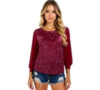 Women's Gold Sequin Top Long Sleeve Velvet Crew Neck Loose Fit Pullover Blouse Sparkly Party Shirt Casual Holiday Tunic tee for Women Festive Evening Wear