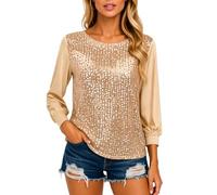 Women's Gold Sequin Top Long Sleeve Velvet Crew Neck Loose Fit Pullover Blouse Sparkly Party Shirt Casual Holiday Tunic tee for Women Festive Evening Wear