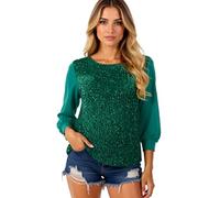 Women's Gold Sequin Top Long Sleeve Velvet Crew Neck Loose Fit Pullover Blouse Sparkly Party Shirt Casual Holiday Tunic tee for Women Festive Evening Wear