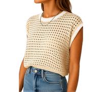 Women's Green Crochet Mesh Top Summer Cap Sleeve Knit Sweater Round Neck See Through Pullover Beach Cover Up Casual Vacation Outfit for Ladies