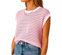 Women's Green Crochet Mesh Top Summer Cap Sleeve Knit Sweater Round Neck See Through Pullover Beach Cover Up Casual Vacation Outfit for Ladies