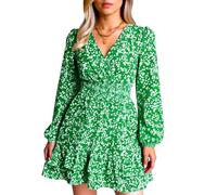 Women's Green Floral Print V Neck Long Sleeve Mini Dress Spring Summer Boho Ruffle Hem Smocked Waist Casual Chiffon Sundress for Party Beach Vacation