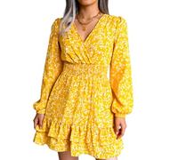 Women's Green Floral Print V Neck Long Sleeve Mini Dress Spring Summer Boho Ruffle Hem Smocked Waist Casual Chiffon Sundress for Party Beach Vacation