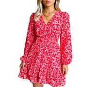 Women's Green Floral Print V Neck Long Sleeve Mini Dress Spring Summer Boho Ruffle Hem Smocked Waist Casual Chiffon Sundress for Party Beach Vacation