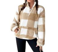 Womens Half Zip Pullover Plaid Fleece Cropped Sweatshirt with Front Pocket (Apricot,XL)