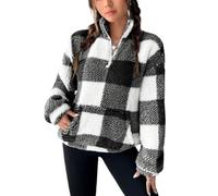 Womens Half Zip Pullover Plaid Fleece Cropped Sweatshirt with Front Pocket (Black,XXL)
