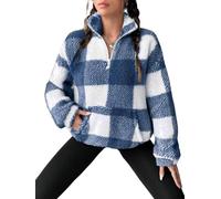 Womens Half Zip Pullover Plaid Fleece Cropped Sweatshirt with Front Pocket (Blue,XL)