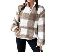 Womens Half Zip Pullover Plaid Fleece Cropped Sweatshirt with Front Pocket (Brown,XL)