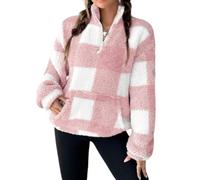 Womens Half Zip Pullover Plaid Fleece Cropped Sweatshirt with Front Pocket (Pink,XXL)