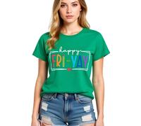 Women's Happy FRI Yay Graphic tee Summer Casual Short Sleeve Cotton T-Shirt Funny Teacher School End of Week Top Olive Green Crewneck Blouse