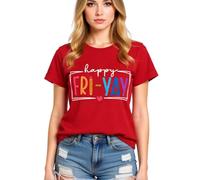 Women's Happy FRI Yay Graphic tee Summer Casual Short Sleeve Cotton T-Shirt Funny Teacher School End of Week Top Olive Green Crewneck Blouse