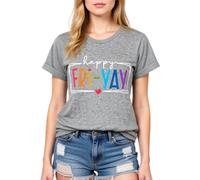 Women's Happy FRI Yay Graphic tee Summer Casual Short Sleeve Cotton T-Shirt Funny Teacher School End of Week Top Olive Green Crewneck Blouse