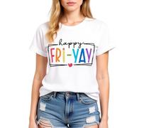 Women's Happy FRI Yay Graphic tee Summer Casual Short Sleeve Cotton T-Shirt Funny Teacher School End of Week Top Olive Green Crewneck Blouse