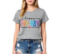 Women's Happy FRI Yay Graphic tee Summer Casual Short Sleeve Cotton T-Shirt Funny Teacher School End of Week Top Olive Green Crewneck Blouse