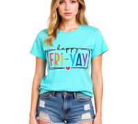 Women's Happy FRI Yay Graphic tee Summer Casual Short Sleeve Cotton T-Shirt Funny Teacher School End of Week Top Olive Green Crewneck Blouse