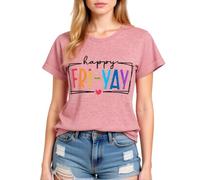 Women's Happy FRI Yay Graphic tee Summer Casual Short Sleeve Cotton T-Shirt Funny Teacher School End of Week Top Olive Green Crewneck Blouse