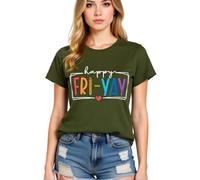 Women's Happy FRI Yay Graphic tee Summer Casual Short Sleeve Cotton T-Shirt Funny Teacher School End of Week Top Olive Green Crewneck Blouse