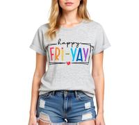 Women's Happy FRI Yay Graphic tee Summer Casual Short Sleeve Cotton T-Shirt Funny Teacher School End of Week Top Olive Green Crewneck Blouse