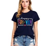 Women's Happy FRI Yay Graphic tee Summer Casual Short Sleeve Cotton T-Shirt Funny Teacher School End of Week Top Olive Green Crewneck Blouse