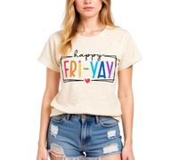 Women's Happy FRI Yay Graphic tee Summer Casual Short Sleeve Cotton T-Shirt Funny Teacher School End of Week Top Olive Green Crewneck Blouse