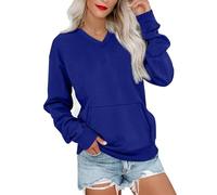 Women's Hatless Cuello en V con bolsillos, Color Sólido Comfy Casual Oversized Sin Capucha Sudadera para Primavera Otoño Invierno, azul oscuro, x_l