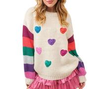 Women's Heart Print Pullover - Valentine's Day Oversized Y2K Knit Top for Casual & Festive Wear